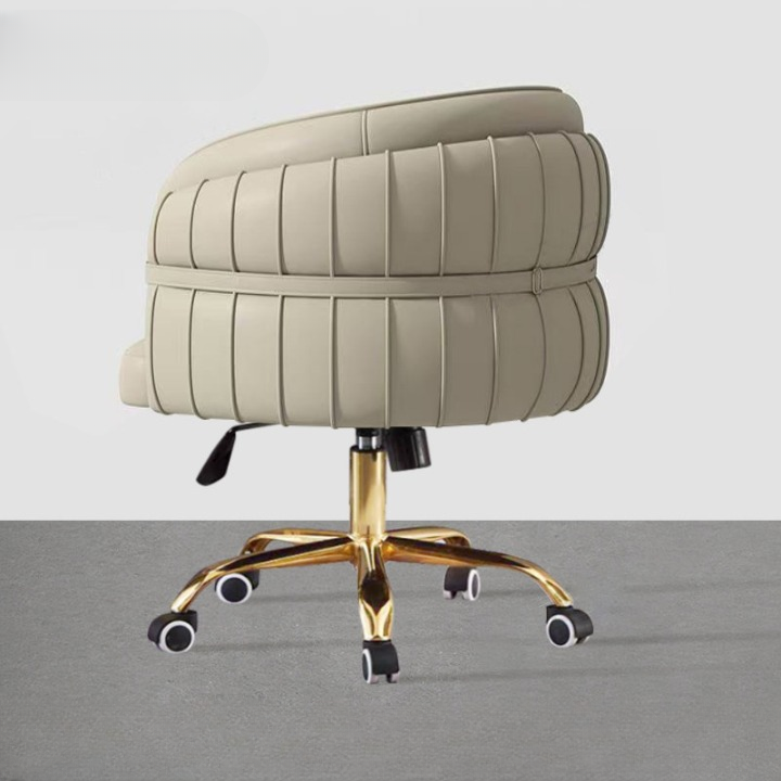 Cream White Upholstered Swivel Desk Chair, Height-Adjustable Vanity Chair with Wraparound Back, Fixed Padded Arms and Electroplated Five-Star Metal Base for Bedroom, Home Office and Study