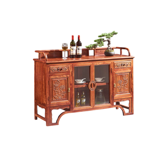 Reddish Brown Solid Wood Sideboard Buffet Cabinet, 4-Door Carved Storage Credenza with 2 Drawers, Glass Display Center and Raised Gallery Top for Dining Room, Living Room and Bar Area