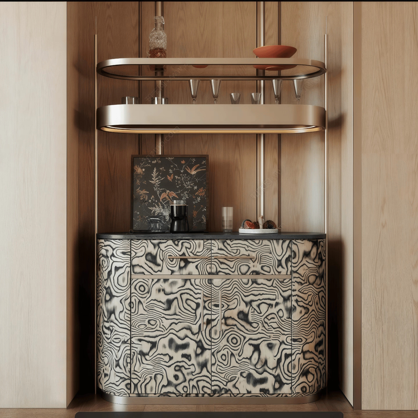 Black and Ivory Wood-Grain Bar Cabinet with Two Display Shelves, Champagne Gold Metal Frame, 4-Door Storage and 2 Drawers for Dining Room, Living Room, Hotel Suite and Coffee Station