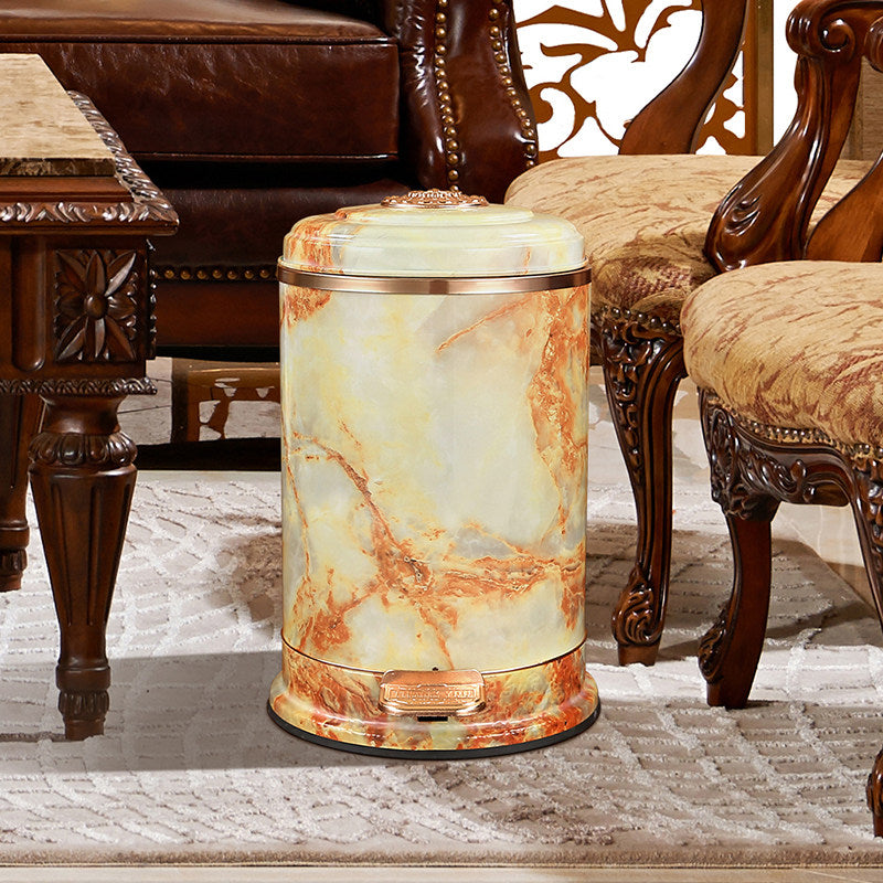 Yellow Marble Look Step Trash Can with Lid, Round Pedal Waste Bin with Faux Onyx Pattern, Luxury Style Garbage Can for Bathroom, Living Room, Bedroom, Office, Kitchen, and Toilet
