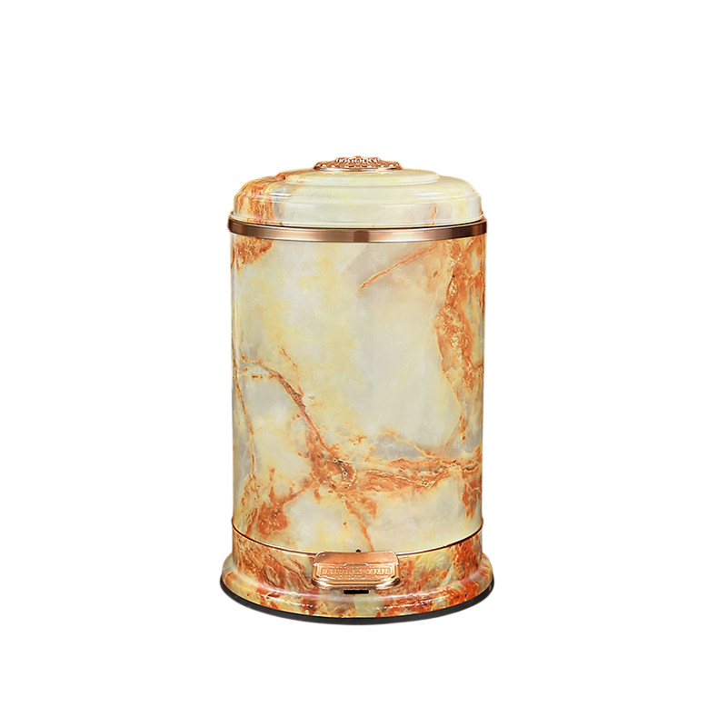 Yellow Marble Look Step Trash Can with Lid, Round Pedal Waste Bin with Faux Onyx Pattern, Luxury Style Garbage Can for Bathroom, Living Room, Bedroom, Office, Kitchen, and Toilet
