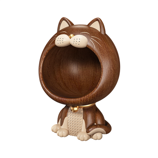 Black Walnut Wood-Tone Resin Big-Mouth Cat Key Holder Statue with Deep Catchall Storage Bowl, Vintage Entryway Organizer for Keys, Coins, Jewelry, Console Table and Housewarming Gift