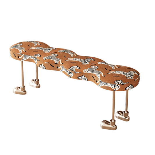 Zebra Print Upholstered Bench, Modern Entryway Bench with Chrome Tone Legs, Animal Pattern End of Bed Bench for Dining Room, Bedroom, Hallway, Kitchen Island, and Living Room
