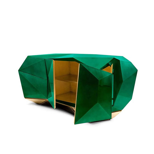Emerald Green Geometric Sideboard Cabinet with Gold Interior and 3 Doors