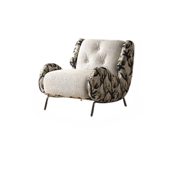 Cream Floral Jacquard Accent Chair with Padded Arms and Metal Legs