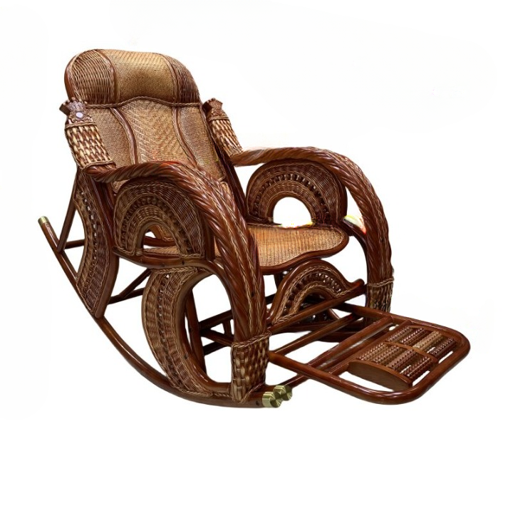 Natural Rattan Rocking Chair with Footrest, High Back Reclining Lounge Seat