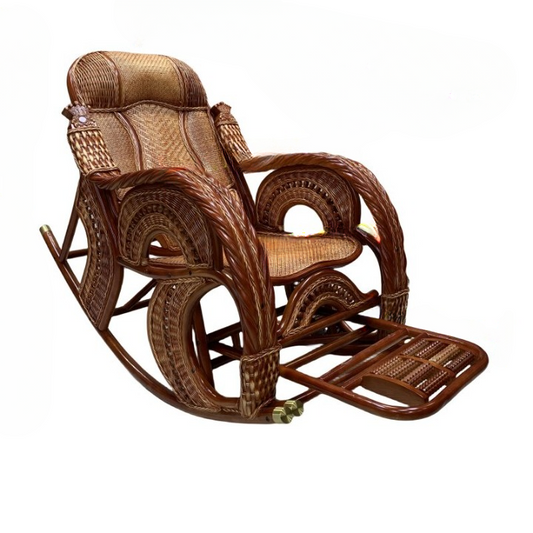 Natural Rattan Rocking Chair with Footrest, High Back Reclining Lounge Seat