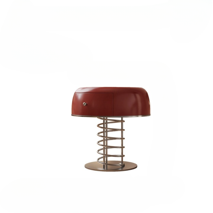 Red Round Nightstand with Drawer, Modern Lacquer Look Bedside Table with Spiral Metal Base, Compact Accent Storage Cabinet for Bedroom, Guest Room, Apartment, Dorm, and Small Spaces