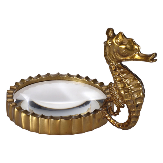 Gold Seahorse Magnifying Glass Desk Decor, Nautical Decorative Reading Magnifier with Glass Lens, Vintage Style Coastal Table Accent for Office, Library, Study Room, Bookshelf, Gift Decor
