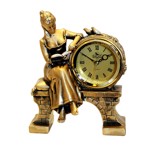 Antique Bronze Resin Mantel Clock with Reading Woman Figurine
