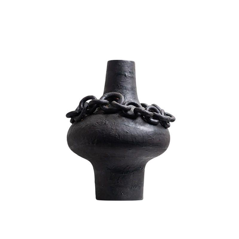 Black Ceramic Chain Vase, Sculptural Narrow-Neck Decorative Vessel