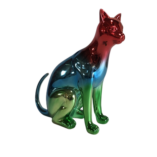 Rainbow Chrome Abstract Cat Sculpture, Small Sitting Resin Cat Statue, Multicolor Electroplated Animal Figurine for Living Room, Bar, Boutique Window Display, Gallery, Entryway, Modern Home Decor