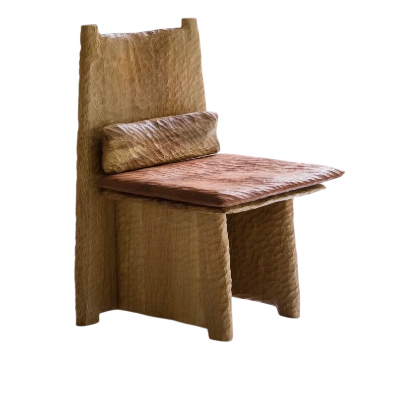 Natural Solid Wood Sculptural Dining Chair, Hand-Hewn Textured High-Back Side Chair with Carved Seat and Lumbar Support for Dining Room, Study, Living Room and Reading Corner