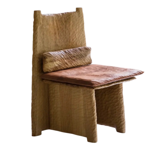 Natural Solid Wood Sculptural Dining Chair, Hand-Hewn Textured High-Back Side Chair with Carved Seat and Lumbar Support for Dining Room, Study, Living Room and Reading Corner