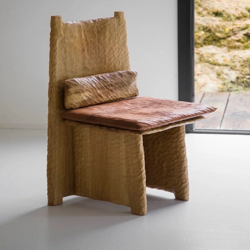 Natural Solid Wood Sculptural Dining Chair, Hand-Hewn Textured High-Back Side Chair with Carved Seat and Lumbar Support for Dining Room, Study, Living Room and Reading Corner
