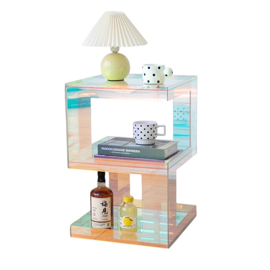 Iridescent Acrylic Side Table with Open Shelf for Bedroom
