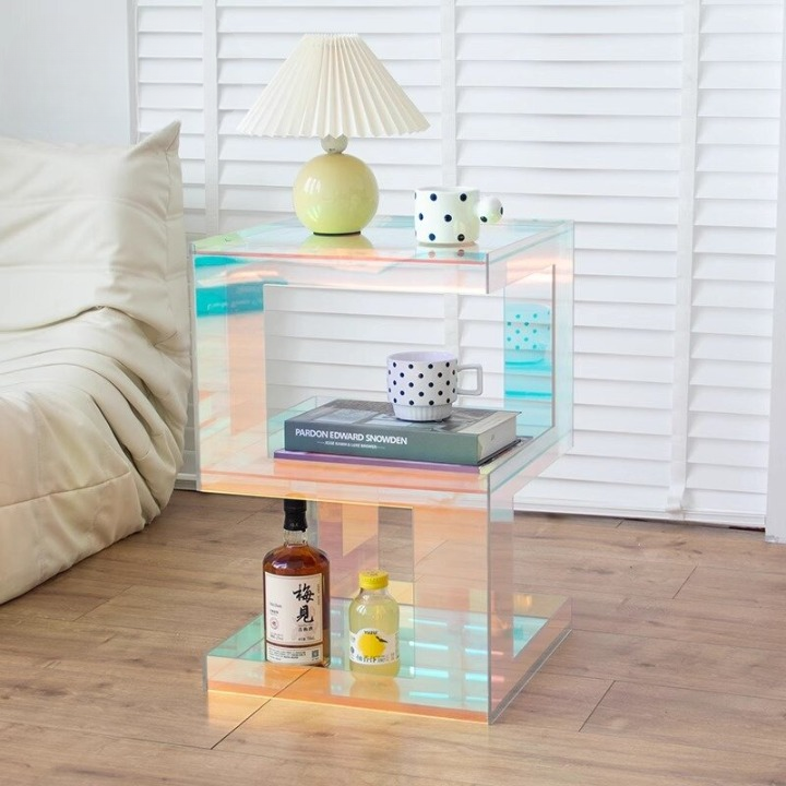 Iridescent Acrylic Side Table with Open Shelf for Bedroom