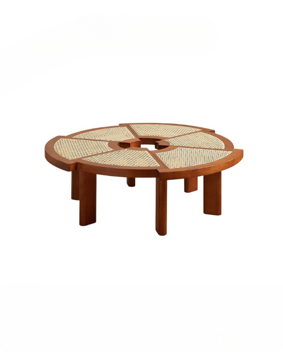 Walnut Solid Wood and Rattan Round Coffee Table for Living Room