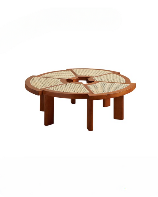 Walnut Solid Wood and Rattan Round Coffee Table for Living Room