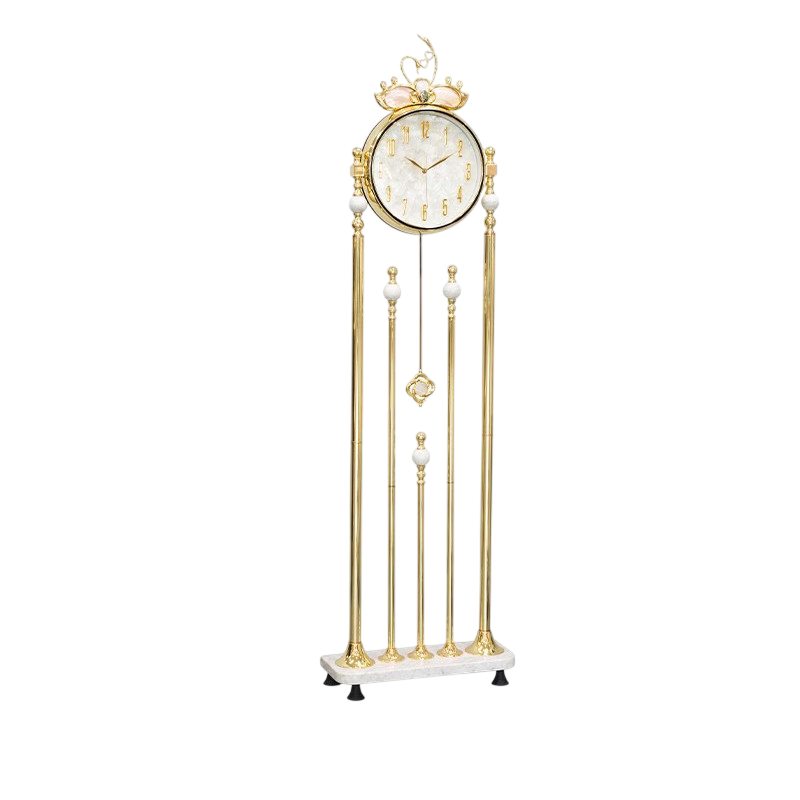 Gold Floor Clock with Marble Base, Shell Dial and Decorative Pendulum