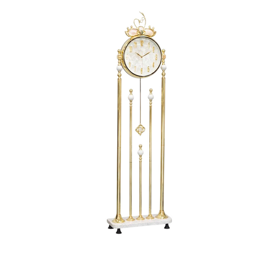 Gold Floor Clock with Marble Base, Shell Dial and Decorative Pendulum