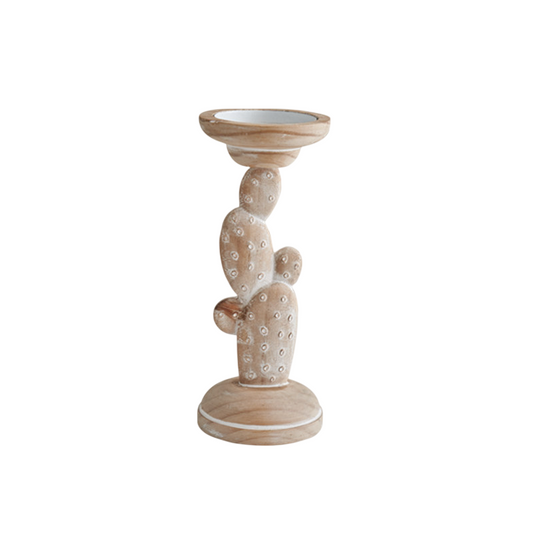 Cactus Candle Holder, Wooden Look Decorative Candlestick, Rustic Desert Style Pillar Candle Stand for Dining Table, Wedding Centerpiece, Living Room, Shelf and Photo Prop Decor