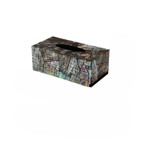 Black Shell Mosaic Tissue Box Cover, Rectangular Decorative Tissue Holder with Iridescent Inlay Finish for Bathroom, Bedroom, Living Room, Office or Vanity