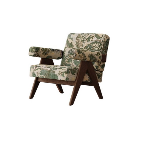 Green Botanical Accent Chair, Upholstered Lounge Armchair with Wood Frame, Mid Century Style Single Sofa Chair for Living Room, Bedroom, Balcony and Reading Corner