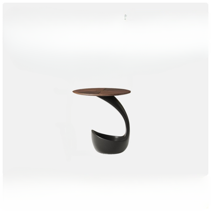 Walnut Veneer Round Side Table with Sculptural Black Base