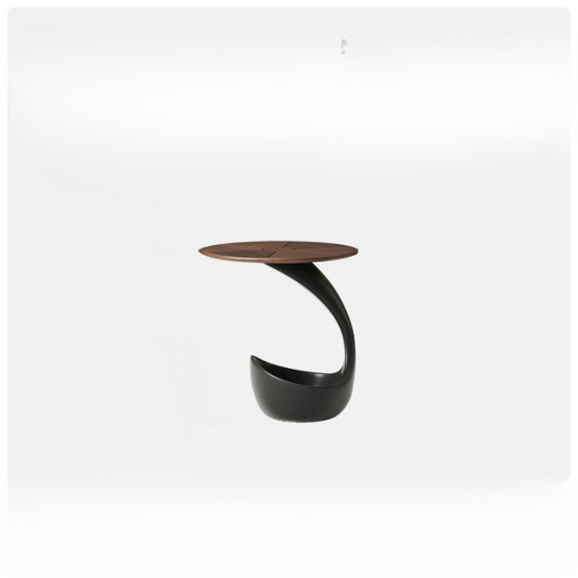 Walnut Veneer Round Side Table with Sculptural Black Base