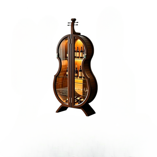 Solid Wood Violin Wine Cabinet with Glass Doors and LED Light