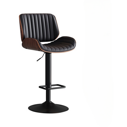 Black Adjustable Swivel Bar Stool, Walnut Wood and PU Leather