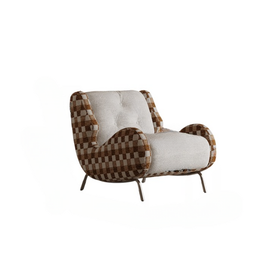 Modern Chenille Accent Chair with High Back, Upholstered Lounge Armchair, Oversized Reading Chair for Living Room, Bedroom &amp; Office, Contemporary Checkered Barrel Sofa Chair, Brown and Ivory