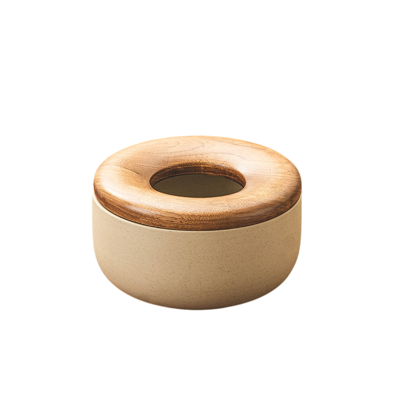 Ceramic Tissue Box with Walnut Wood Lid, Round Holder for Home Decor