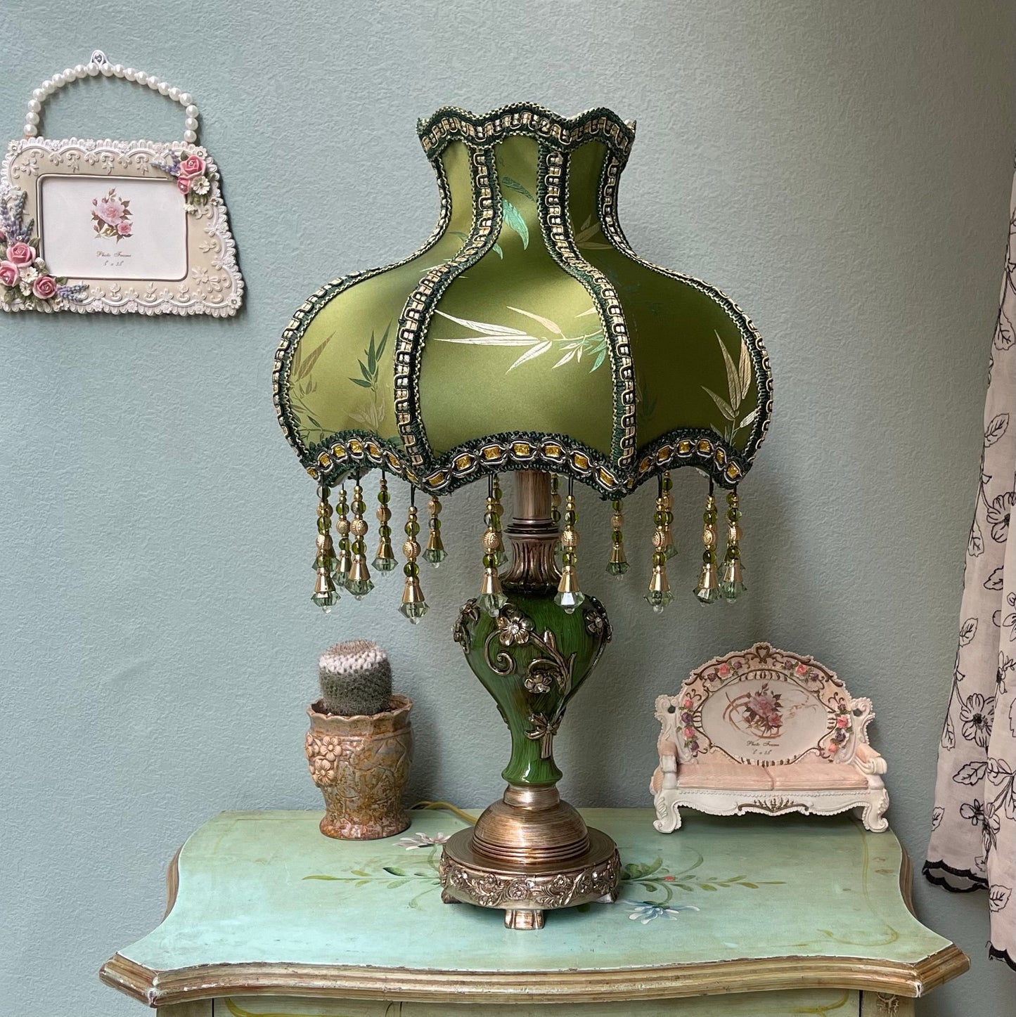 Vintage Green Bamboo Table Lamp with Fabric Shade, Beaded Fringe and 3-Way LED Bulb