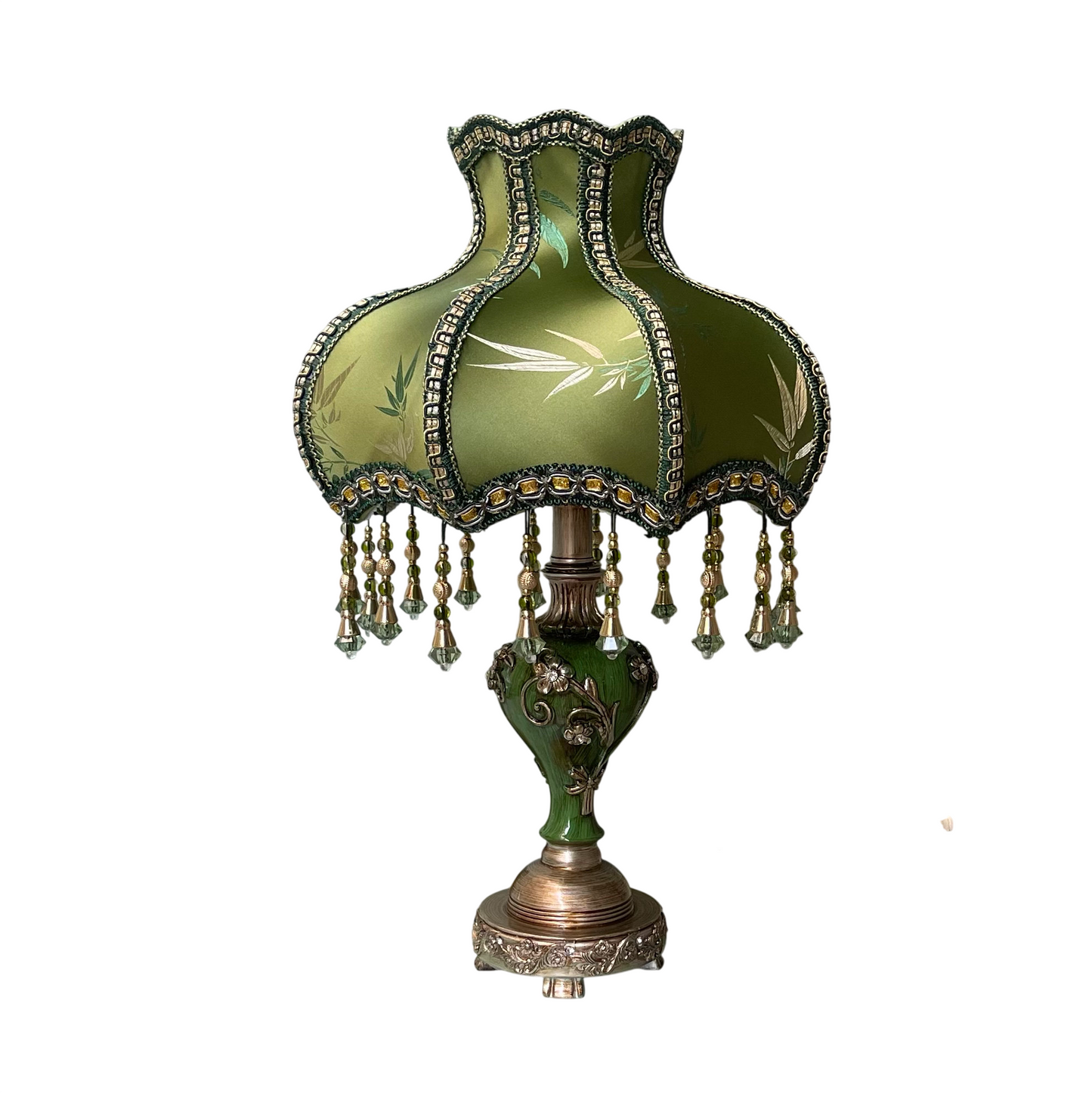 Vintage Green Bamboo Table Lamp with Fabric Shade, Beaded Fringe and 3-Way LED Bulb