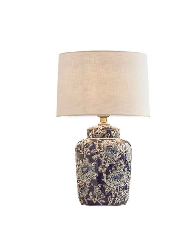 Blue Floral Ceramic Table Lamp with White Fabric Shade, Peony Relief Bedside Lamp with E27 Socket and Button Switch, Decorative Nightstand Lamp for Bedroom Living Room Study