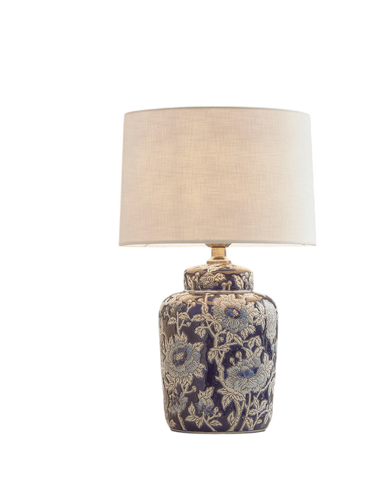 Blue Floral Ceramic Table Lamp with White Fabric Shade, Peony Relief Bedside Lamp with E27 Socket and Button Switch, Decorative Nightstand Lamp for Bedroom Living Room Study