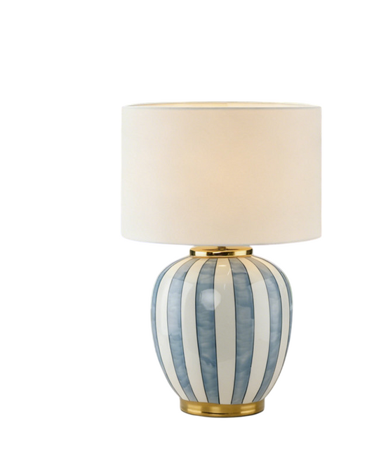 Blue Striped Ceramic Table Lamp with White Fabric Shade, Hand Painted Ginger Jar Bedside Lamp with E27 Socket and Button Switch, Decorative Nightstand Lamp for Bedroom Living Room