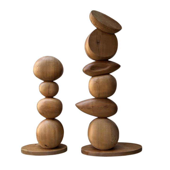 2 Piece Abstract Ash Wood Floor Sculpture Set, Modern Stacked Art Decor