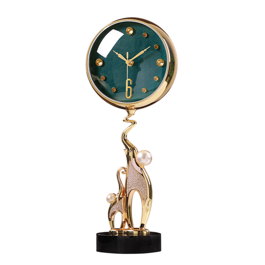 Green and Gold Elephant Table Clock, Rhinestone-Inlaid Decorative Mantel Clock with Textured Dial, Faux Pearl Accents and Black Pedestal Base for Living Room, Office, Bedroom and Console Table