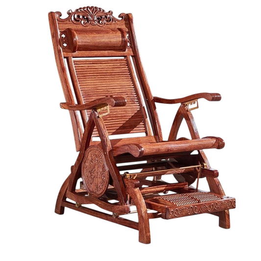 Reddish Brown Solid Hardwood Rocking Chair for Adults, Carved Reclining Lounge Chair with Pull-Out Footrest and Adjustable Back for Living Room, Bedroom, Reading and Nap