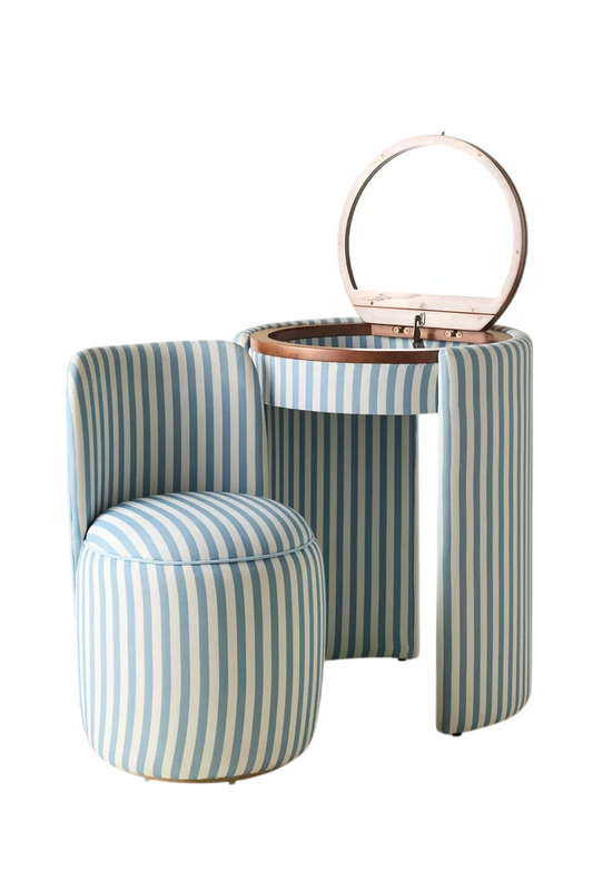 Blue and White Stripe Makeup Vanity Set with Mirror and Nesting Stool