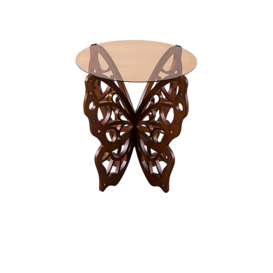 Brown Round Glass Side Table, Solid Wood Butterfly Base
