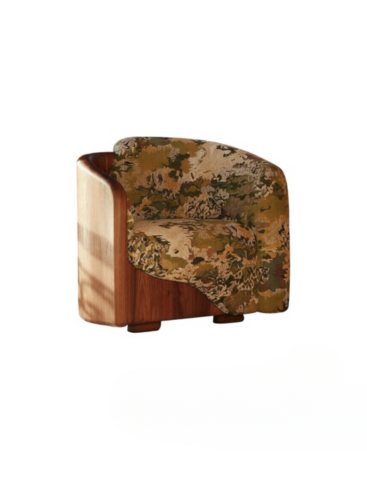 Solid Ash Wood Accent Chair with Floral Jacquard Upholstery, Brown