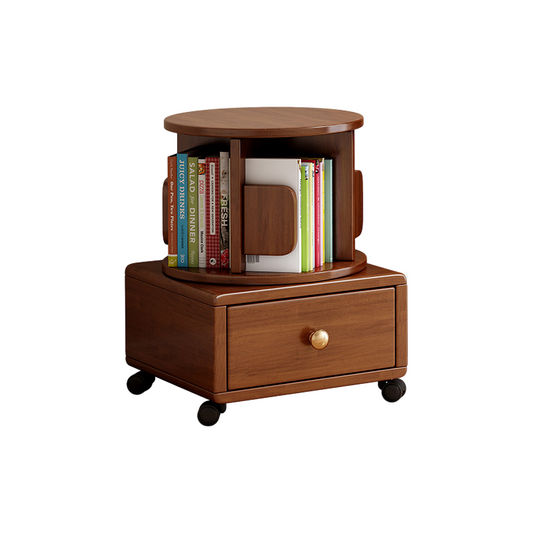 Solid Wood Nightstand with 360° Rotating Bookshelf, Mobile Bedside Table with Storage Drawer &amp; Locking Casters, Walnut End Table Organizer for Bedroom, Living Room &amp; Home Office