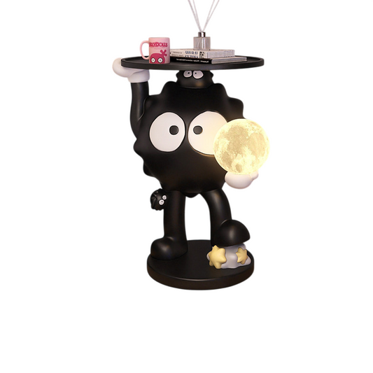 Black Resin Cartoon Character Floor Lamp Side Table with Round Wood Tray and Illuminated Moon Globe, Sculptural Bedside End Table for Living Room and Bedroom
