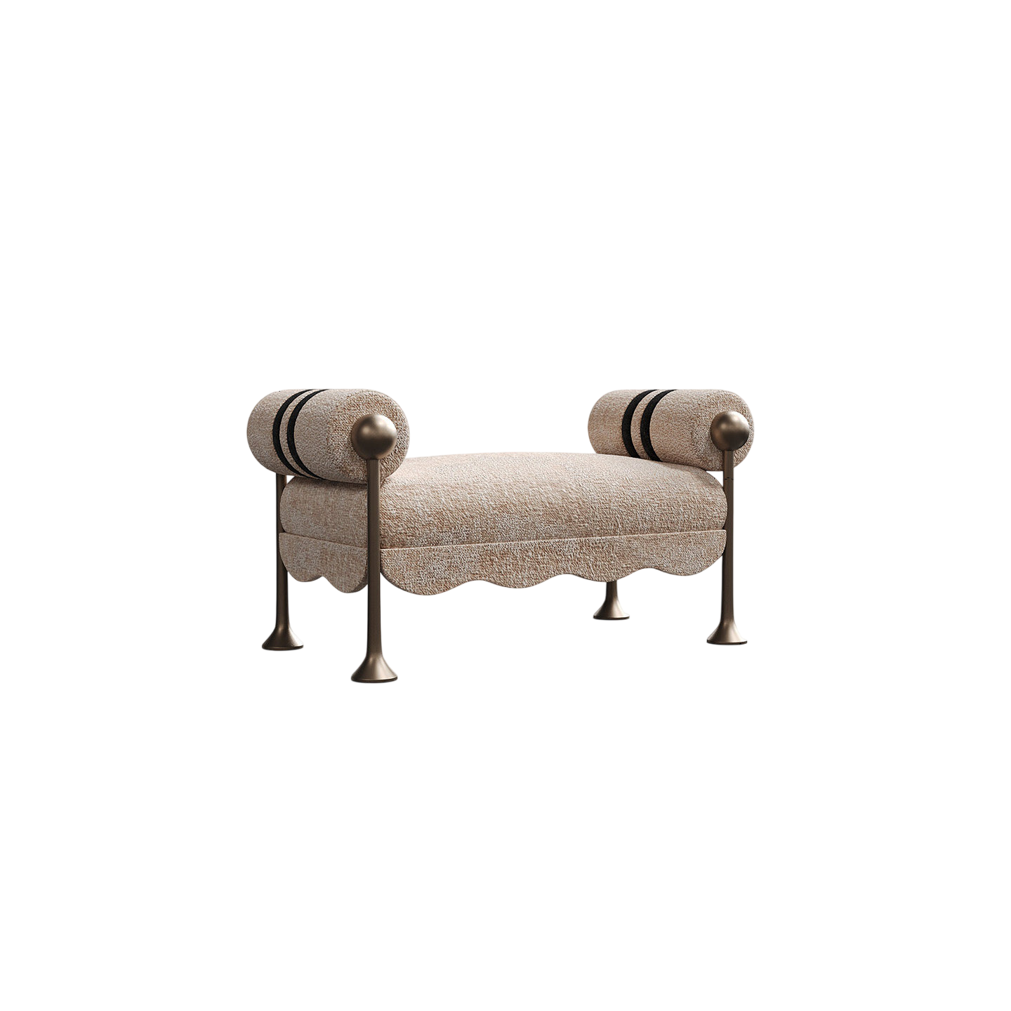 Luxury Modern Boucle Upholstered Bedroom Bench with Bolster Armrests, Beige End of Bed Bench, Entryway Bench Seat, Vanity Stool, Accent Bench with Antique Brass Finish Metal Legs