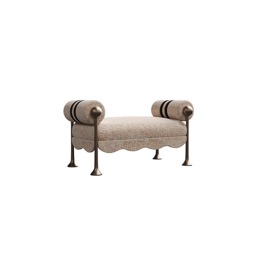 Luxury Modern Boucle Upholstered Bedroom Bench with Bolster Armrests, Beige End of Bed Bench, Entryway Bench Seat, Vanity Stool, Accent Bench with Antique Brass Finish Metal Legs