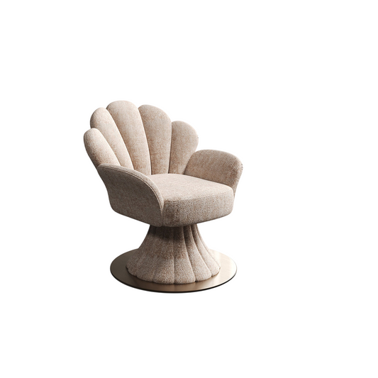 Beige Boucle Swivel Accent Chair, Shell Back Vanity Chair with Arms, Modern Upholstered Makeup Chair, Sculptural Lounge Chair for Bedroom, Living Room, Dressing Room, Dining Room, Antique Brass Tone Round Base
